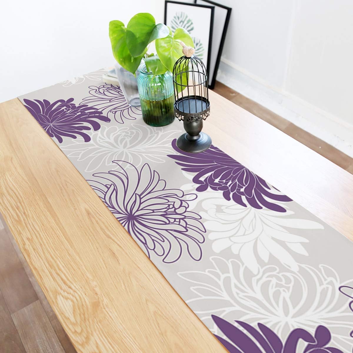 Table Runner, Chrysanthemum Flower Purple White Dresser Scarves for Holiday Dinner Parties, 13x120inch