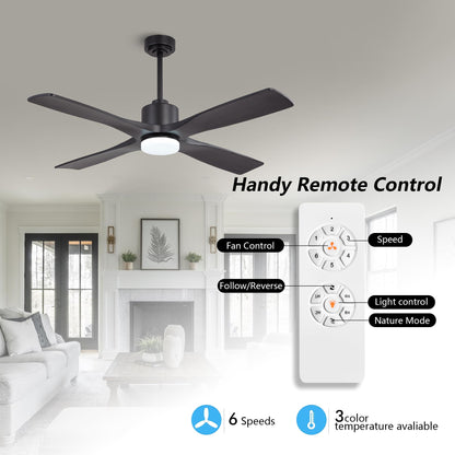 WINGBO 54 Inch DC Ceiling Fan with Lights and Remote Control, 4 Carved Solid Wood Blades, 6-Speed Noiseless Reversible DC Motor, Modern Ceiling Fan in Matte Black Finish with Black Blades