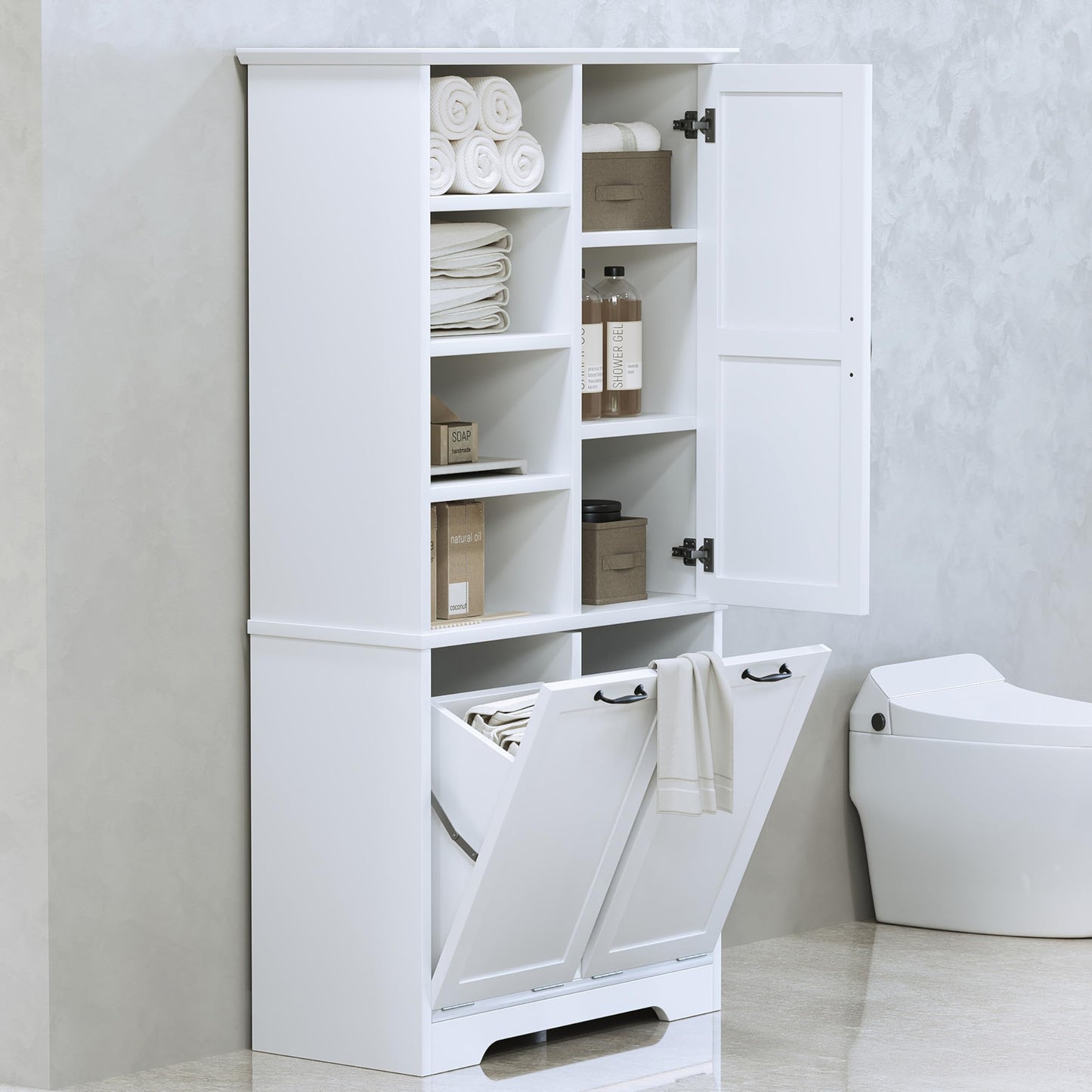 Merax Tall Storage Cabinet with Door and Open Shelf, Multi-Functional Laundry Hamper Basket for Home Bathroom, Laundry Room, White