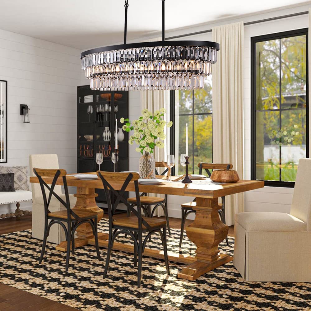 TOCHIC Chandelier 40 inch, Farmhouse Black Crystal Chandelier, Kitchen Island Lighting, Dining Room Light Fixture for High Ceiling, Modern Linear Oval Chandeliers for Living Room, Office Area, Bar