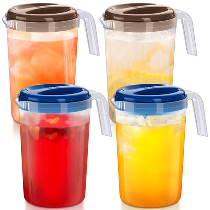 Reallnaive 4 Pcs 1 Gallon Plastic Pitcher with Lid Iced Tea Pitchers Drink Container with Twist Cover Tea Jug for Fridge for Water Juice and Fridge Storage, Dishwasher and Freezer Safe (Grey,Blue)