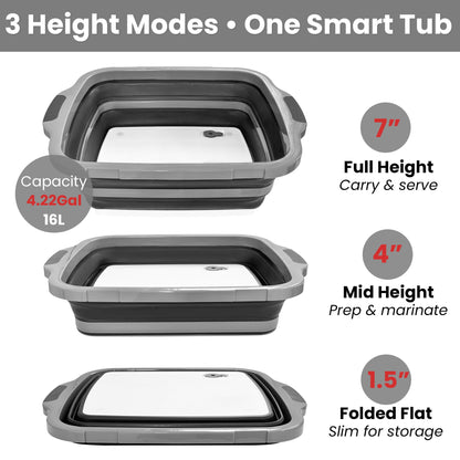 Collapsible BBQ Prep Tub with Lid, 4-Piece 16L Foldable Meal Prep & Marinating Container Set with Stainless Steel Tray, Tongs & Brush, Prep Surface for Food Cutting, Kitchen, Camping & Outdoor Cooking
