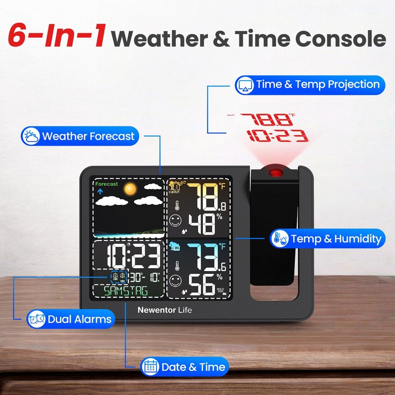 Newentor Projection Alarm Clock, Projection Clock for Bedroom Ceiling, Weather Station Thermometer with Projector Indoor Outdoor TEM&Hum, Forecast, Adjustable Backlight, Black with Red Projector
