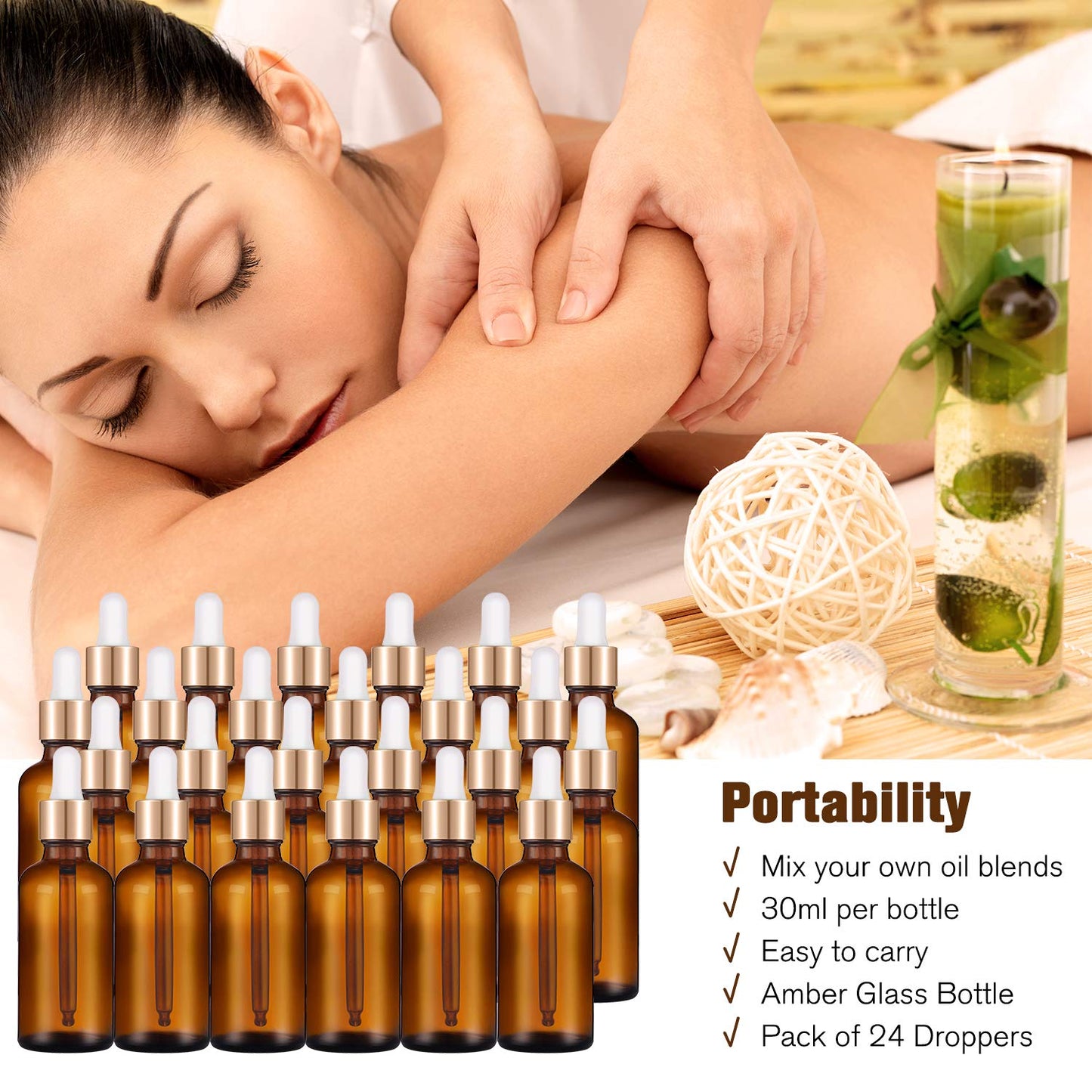 PrettyCare 1oz Glass Dropper Bottle Set of 24, Thick Amber Empty Bottles with Leakproof Golden Caps, Labels, Funnels - 30ml Eye Dropper Bottles for Storage, Essential Oils, Tincture