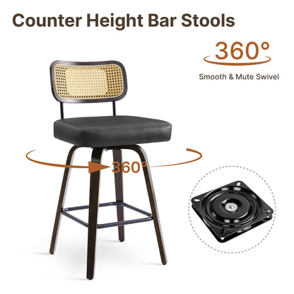 Swivel Bar Stools Set of 4, 26" Upholstered Counter Height Bar Stools with Rattan Back and Bent Wood Legs, Faux Leather Modern Barstools for Kitchen Island,Rattan Black/Dark Walnut Frame