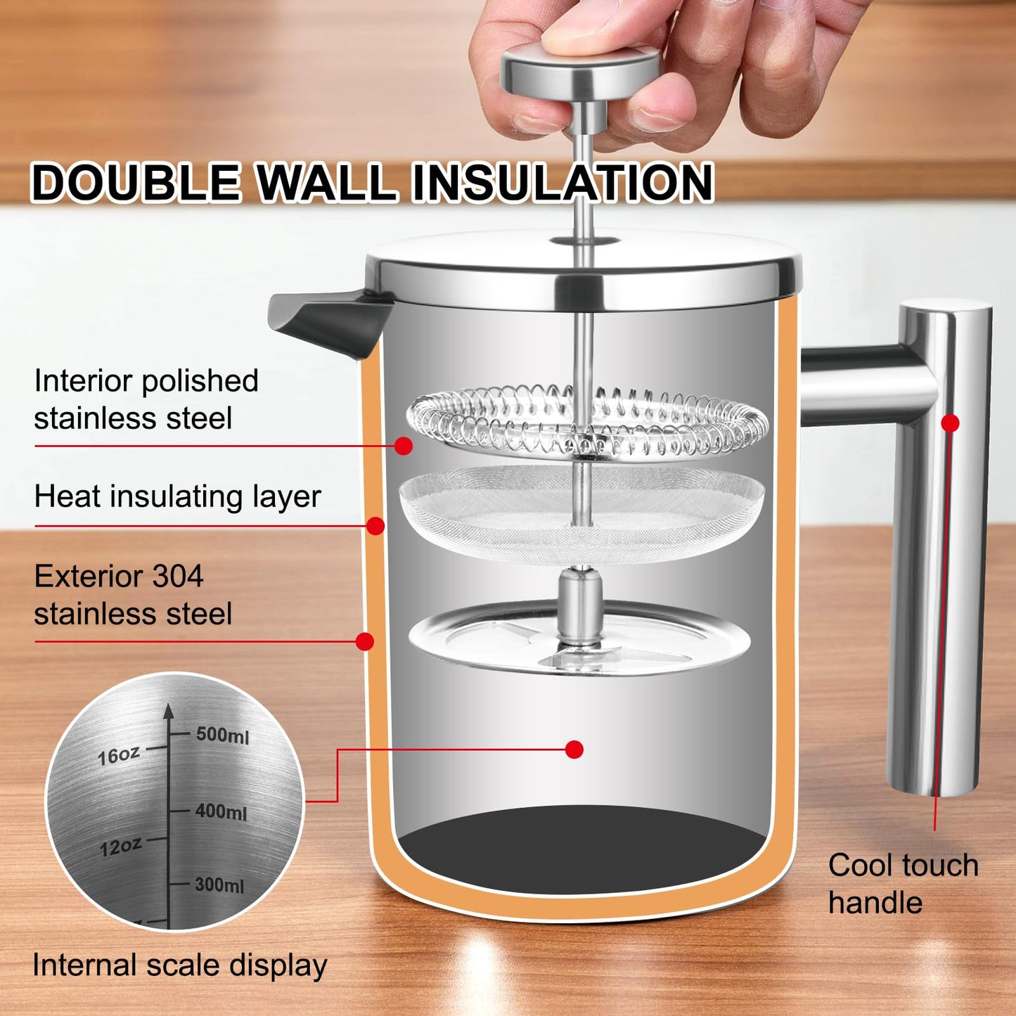FrutPunch French Press Coffee Maker with Scale, 304 Stainless Steel French Press, 17OZ, Double-Wall Insulated, Food Grade, Suitable for Kitchen and Travel Camping