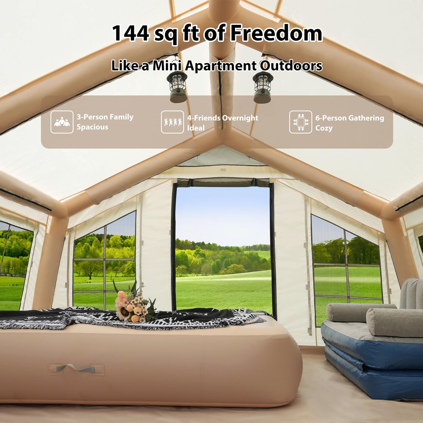 KNUO 2026 Upgraded Waterproof Inflatable Camping Tent for Winter with Rain Cover for 4~6 People, Large Blow-Up Air Tent, No Assembly Needed Luxury Glamping House, 12x12ft Oxford Fabric, Beige