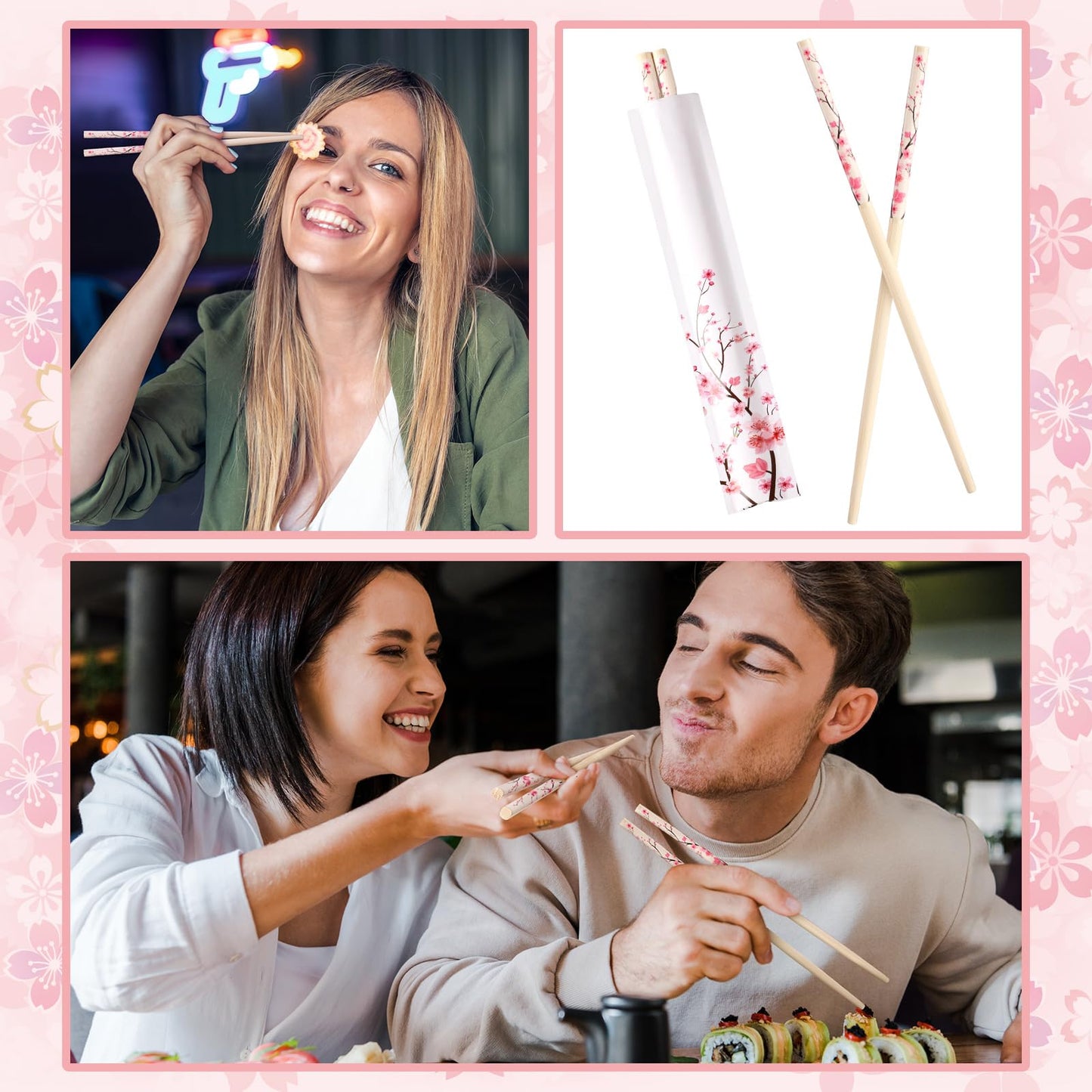 Suttmin 50 Pairs Cherry Blossom Chopsticks Bulk with Sleeved Blue Flower Disposable Bamboo Eucalyptus Chopsticks Wedding Favors Chinese Japanese Food Supply for Takeout Picnic(Cherry)