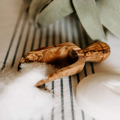 Olive Wood Bath Salt Scoop – 5 Inch Long Wooden Luxury Spoon for Epsom Soaks, Kitchen and Pantry – Large Size