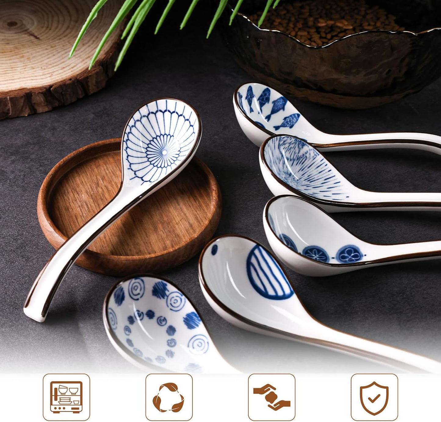 HANSGO 6 Pcs Asian Ceramic Soup Spoons, 6.5 Inch Long Handle Noodle Soup Spoons for Ramen Wonton