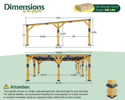 Jocisland 20' x 20' Cedar Wood Gazebo with Sloped Galvanized Steel Roof, Hardtop Gazebo Pavilion with Durable, Rot-Resistant Construction, Permanent Outdoor Pergola for Backyard, Garden & Deck