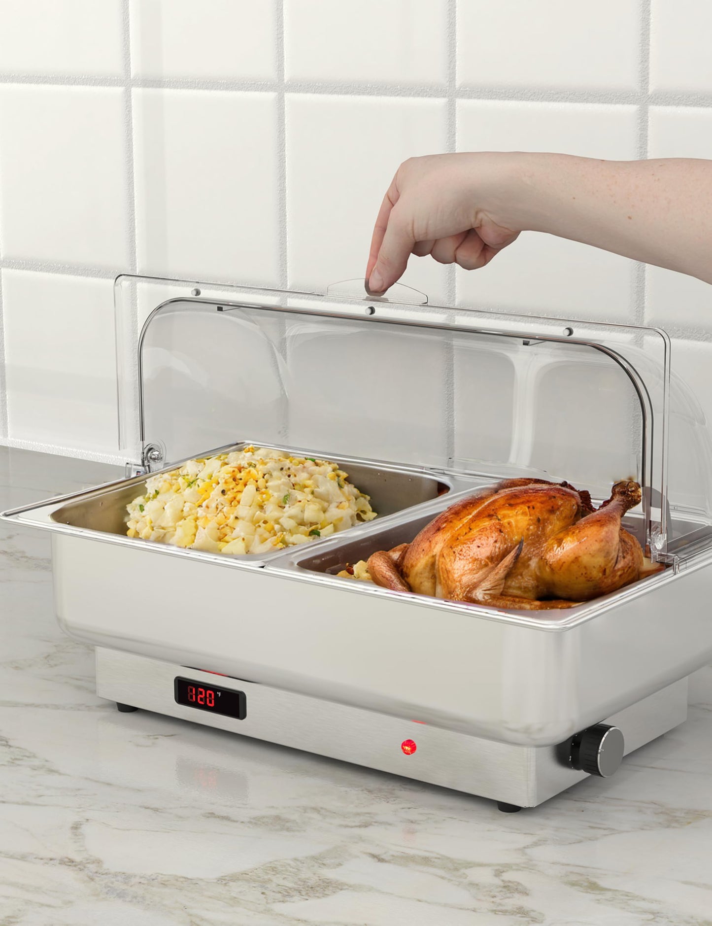 Garvee Electric Chafing Dish Buffet Set, 9 qt Roll Top Food Warmer With Transparent PC Lid, with 1 Full-Size Pan & 2 Half-Size Stainless Steel Chafer for Catering Parties(2 Packs)