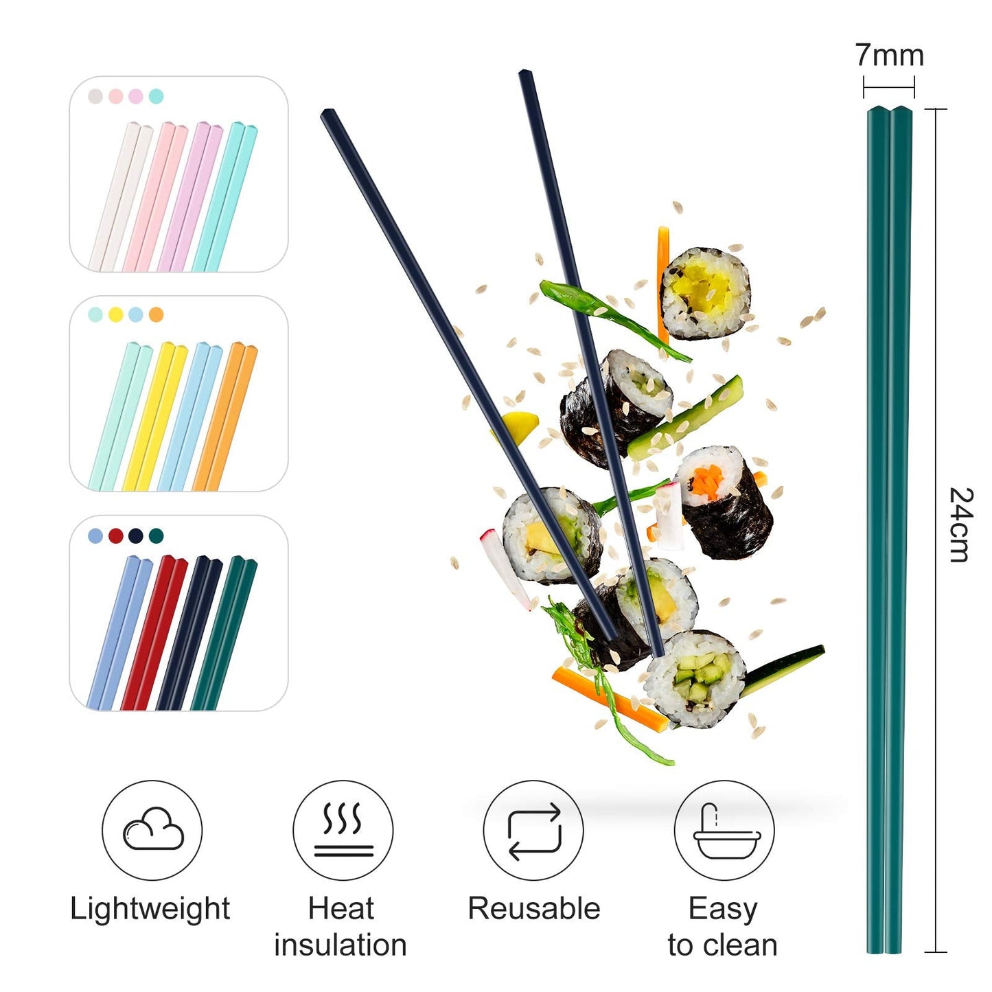 Boao 24 Pairs Colorful Chopsticks 9 Inch Reusable Fiberglass Chop Sticks Bulk Dishwasher Safe Lightweight Chopsticks Set Party Favor (Muticolor)