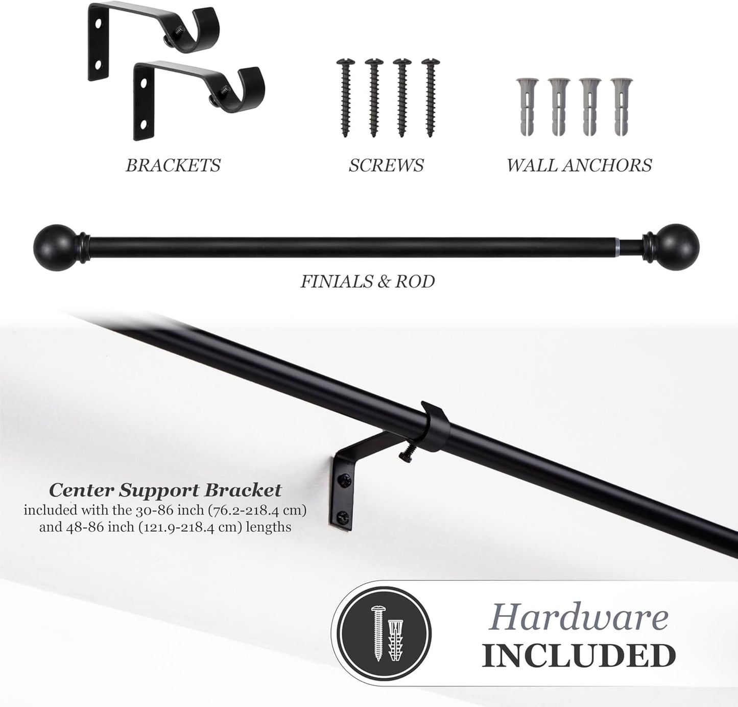 Kenney Chelsea Ball End Window Curtain Rod, Adjustable 28 to 48 Inches, Extendable Set, Black