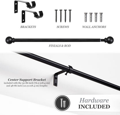 Kenney Chelsea Ball End Window Curtain Rod, Adjustable 28 to 48 Inches, Extendable Set, Black