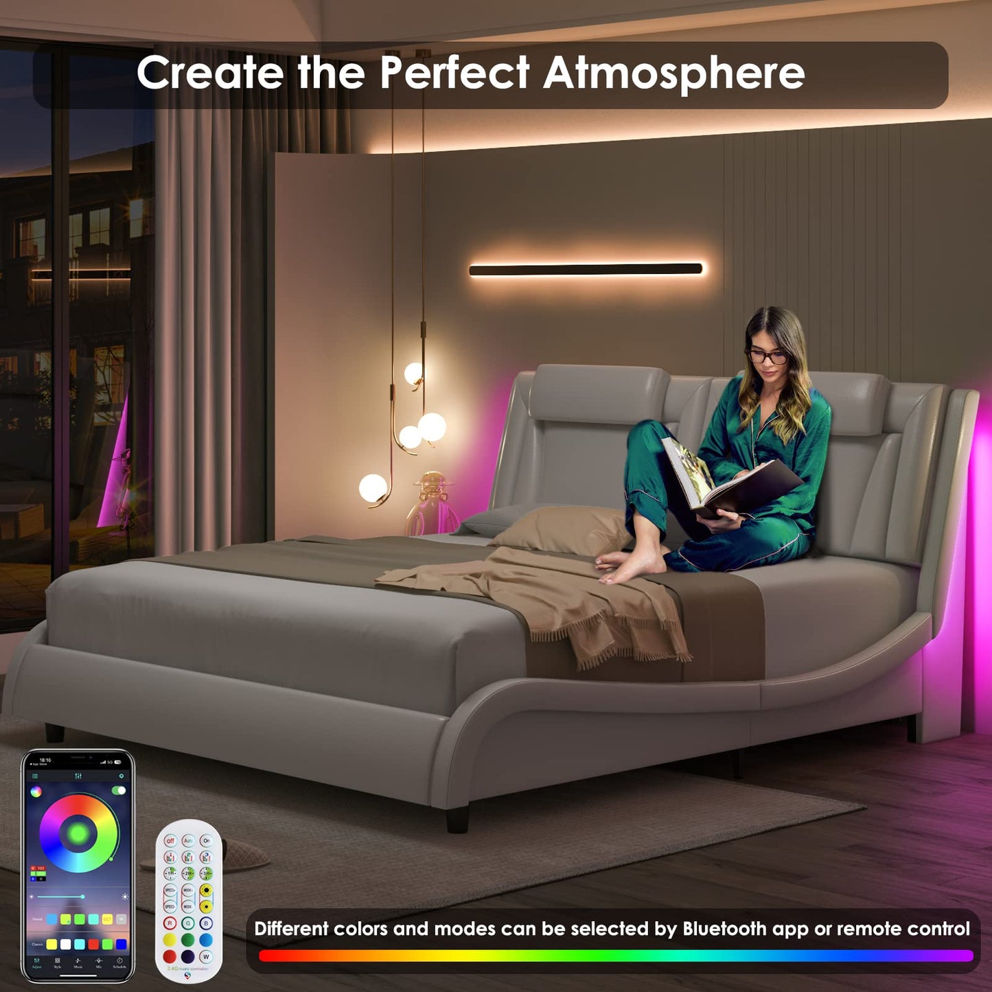 Keyluv King Size LED Bed Frame with Adjustable Headboard & Removable Pillow, PU Leather Upholstered Platform Bed, Wave-Like Curve Safety Design, Solid Wooden Slats Support, Easy Assembly, White