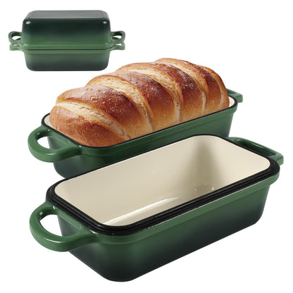 9 x 5 Inch Bread Pan Enameled Cast Iron Loaf Pan with Lid for Baking, 2 in 1 Non-stick Sourdough Bread Loaf Pan for Homemade Bread, Oven & Stovetop Safe for Gas, Electric & Induction, Green