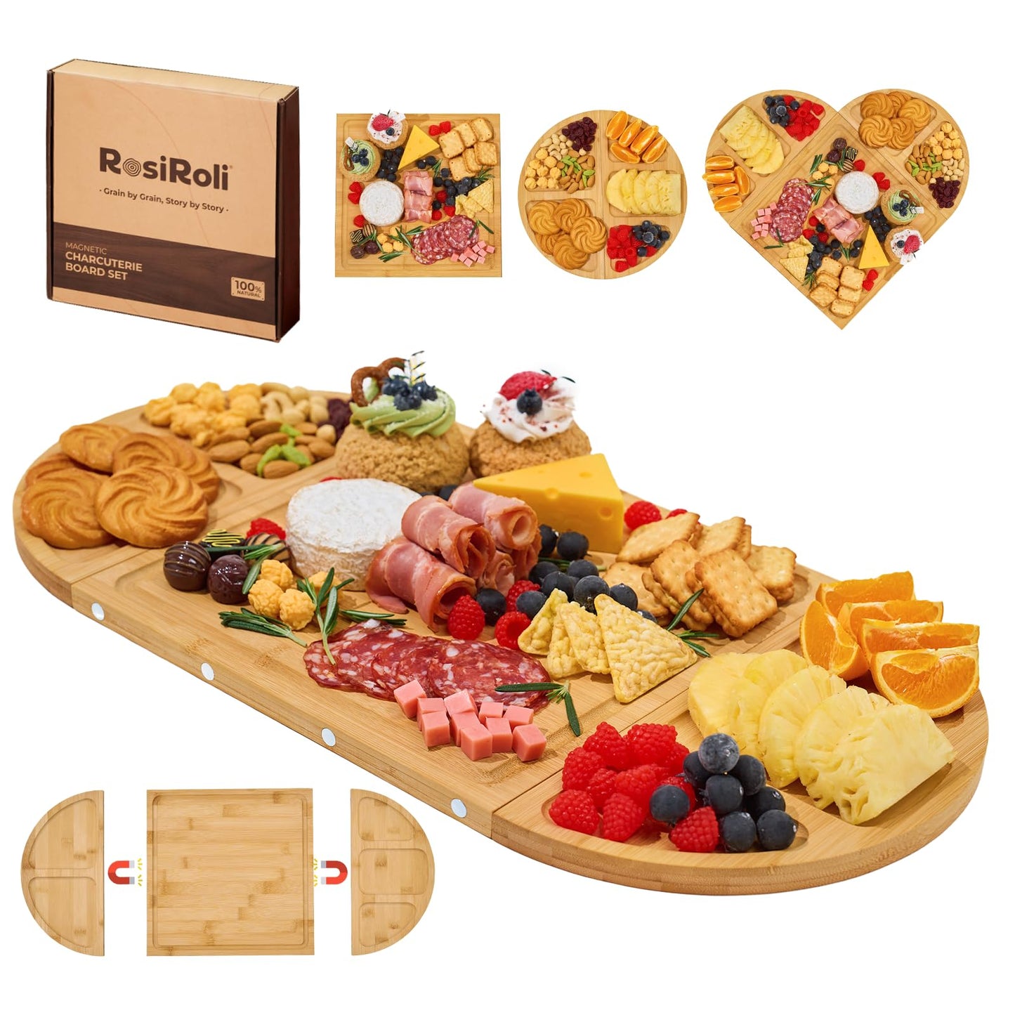 RosiRoli Charcuterie Board and Serving Set -Natural Bamboo Cheese Board Snack Tray Set with Magnetic - House Warming Gifts New Home, Wedding Gift for Couple, Bridal Shower Gift, Perfect for Party