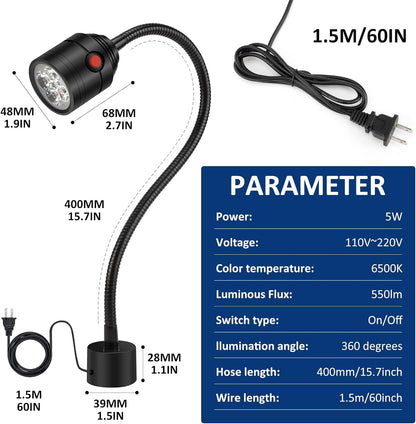 Magnetic Work Light, LED Machine Light with Flexible Gooseneck and Magnetic Base, Shop Tool Lamp for Lathe, Work Bench, Sewing Machine, Grill, Industrial Lighting Black
