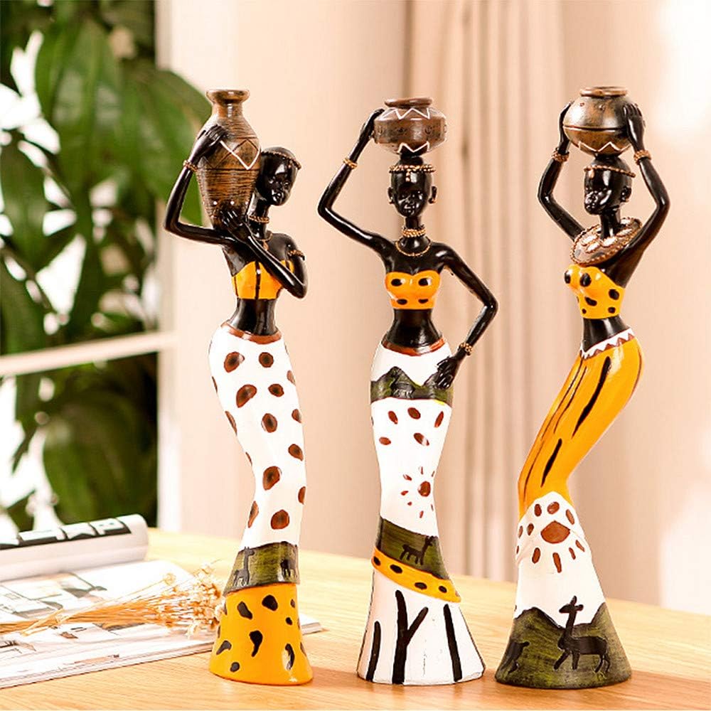 Rayberro 3 Pack African Women Sculpture, 7.5" Exotic Tribal Lady Figurine, Vintage Collectible Art