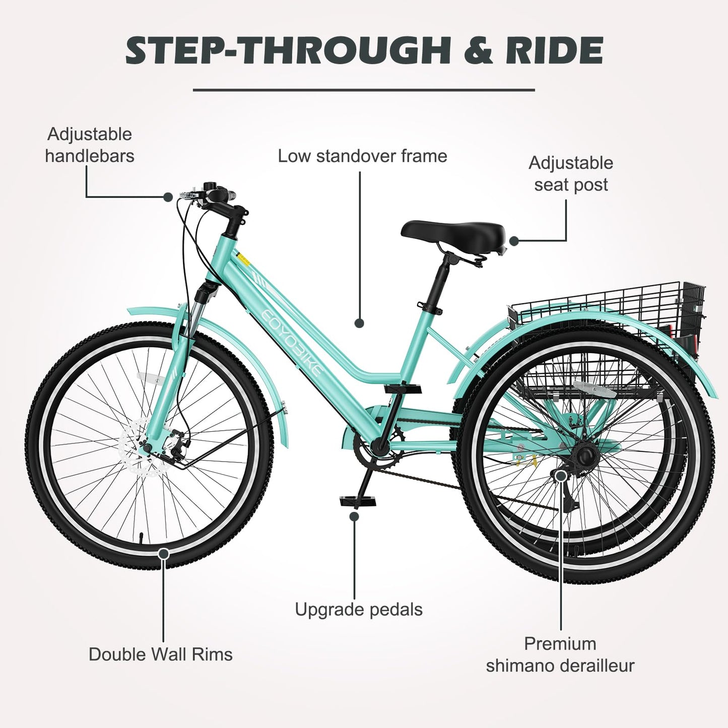H&ZT Adult Tricycle, 3 Wheeled Bike, Trike Cruiser Bike, with 7-Speed Gear, Parking Brake Handle, Low Step, Large Rear Basket, Elderly Friendly, for Men, Women, and Teens