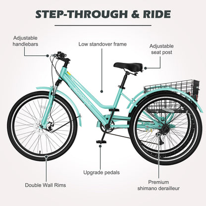 H&ZT Adult Tricycle, 3 Wheeled Bike, Trike Cruiser Bike, with 7-Speed Gear, Parking Brake Handle, Low Step, Large Rear Basket, Elderly Friendly, for Men, Women, and Teens