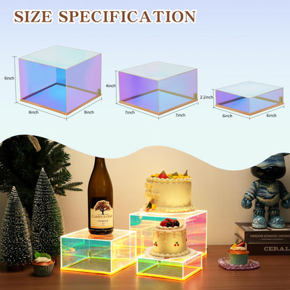 Prismatic Iridescent Display Risers with Plug and Play LED Lights, 3pc-6" 7" 8" Stackable Lighted Cube Box for Figures Jewelry Perfume Purse, Neon Acrylic Display Stands, Rainbow Food Buffet Riser