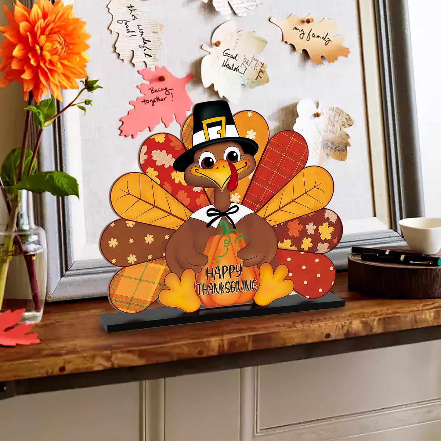 Thanksgiving Decorations Wooden Turkey Table Sign Fall Pumpkin Autumn Table Centerpieces Standing Tabletop Happy Thanksgiving for Holiday Harvest Home Room shelf Farmhouse Decorations Thanks Gives