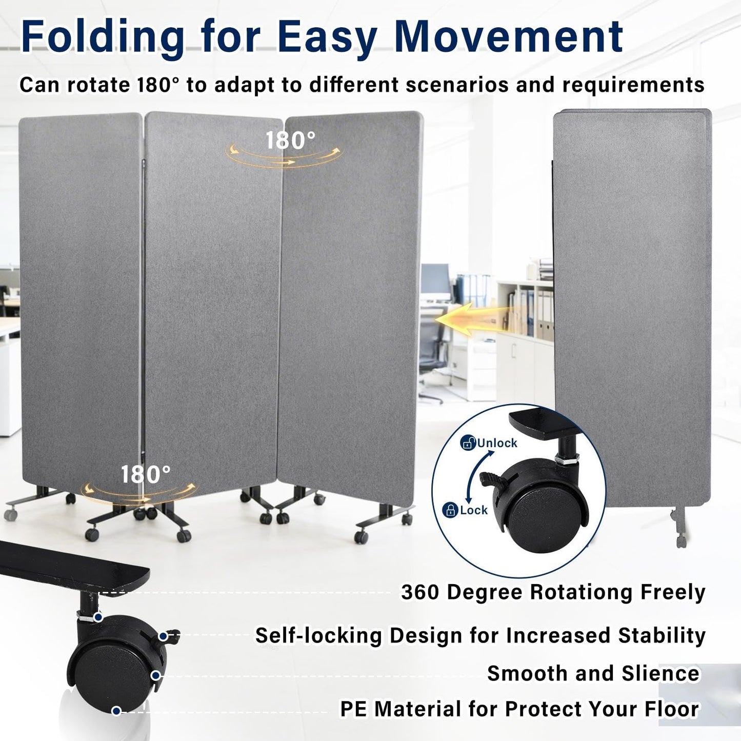 72" X 66" Partition Room dividers, 3 Panel Sound Proof Dividers for Office Partitions, Room Divider Privacy Panel with Wheels, Portable Temporary Wall for Office, Studio, School, Hospital(Light Gray)