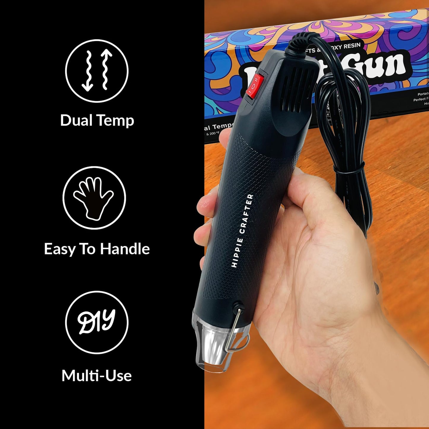 HIPPIE CRAFTER Heat Gun for Crafting, 2-Speed 300W Craft Heat Gun, Mini Hot Air Torch Tool for Resin, Polymer Clay, Candle Making, Shrink Wrapping, Embossing, Epoxy Painting