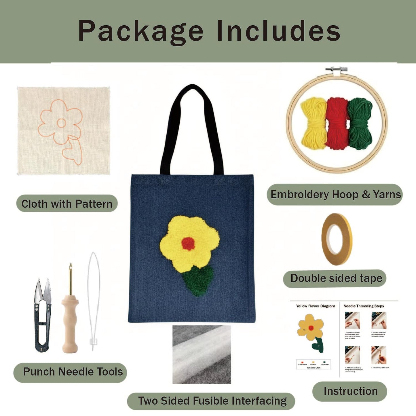TINKAZ DIY Punch Needle Tote Bag Kit for Beginners, Embroidery Craft Set with Canvas Tote Bag, Yarn & Punch Needle Tool, Handmade Embroidery Kit for Creative Gift Idea