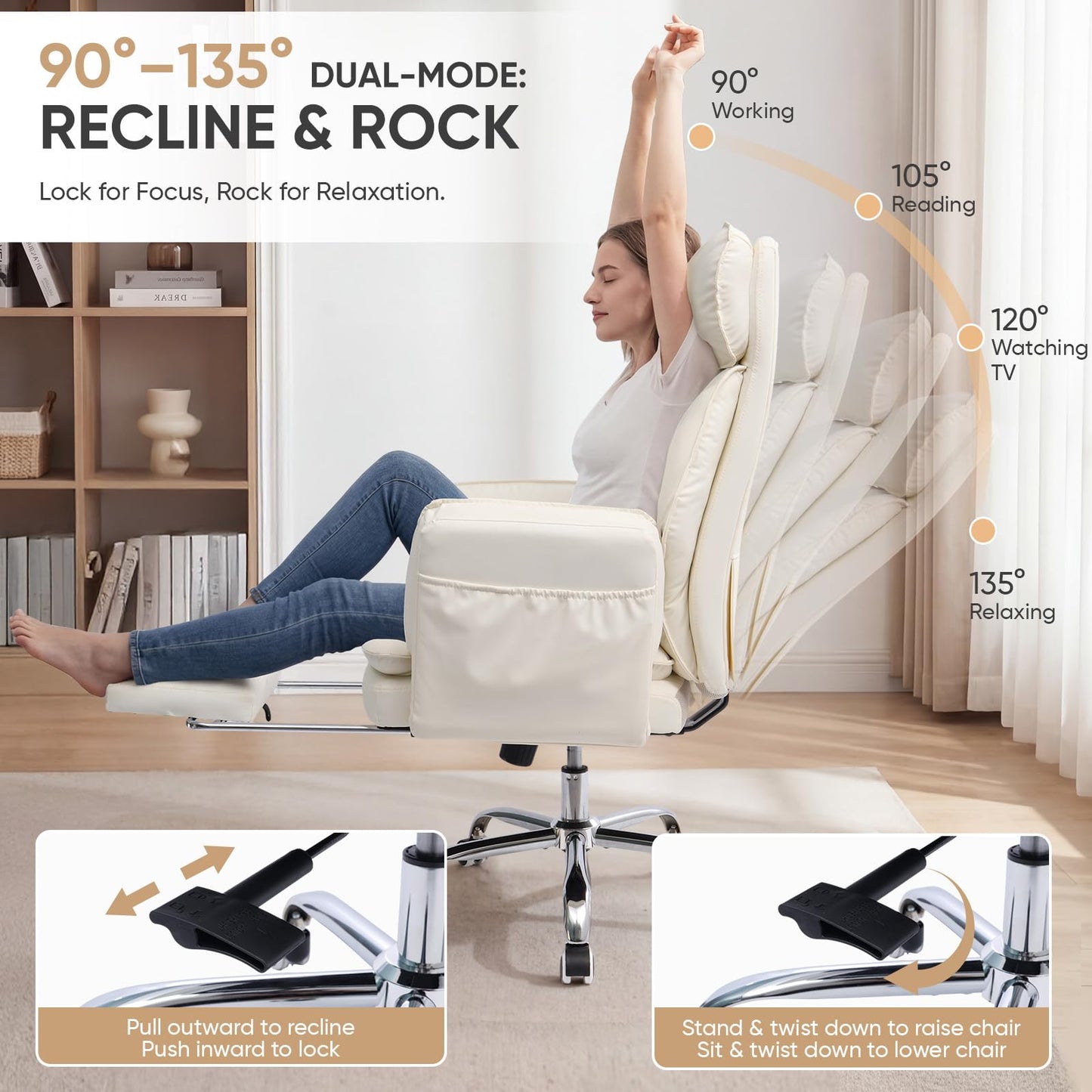 EGSEAT Big and Tall Office Chair with Flip Armrests, Cross Legged Office Chair with Storage Pockets, Comfortable Reclining Computer Chair with Footrest, Wide Home Office Desk Chair, Leather, Beige