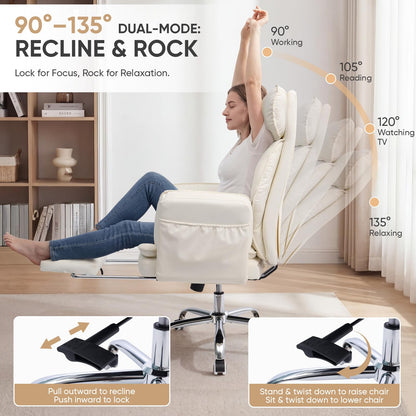 EGSEAT Big and Tall Office Chair with Flip Armrests, Cross Legged Office Chair with Storage Pockets, Comfortable Reclining Computer Chair with Footrest, Wide Home Office Desk Chair, Leather, Beige