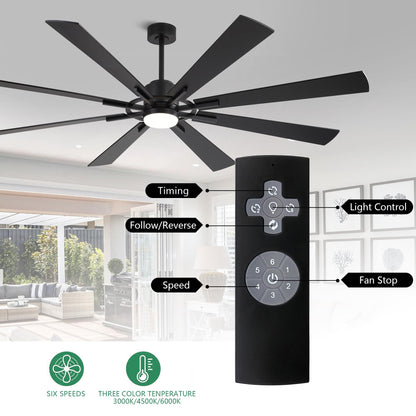 WINGBO 72" DC Ceiling Fan with Lights and 3 Downrods, Matte Black, 8 Plywood Blades, 6-Speed Reversible DC Motor, Large for Kitchen, Bedroom, Living Room