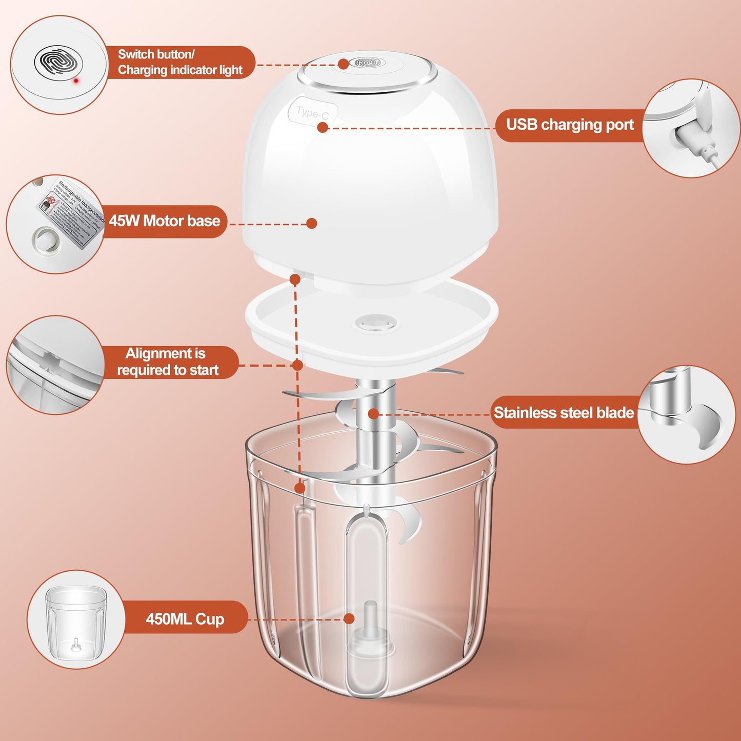 450ML (1.8 Cup) Electric Garlic Chopper, Mini Portable Food Processor, Garlic Grinder Masher for Onion, Ginger, Chili, Fruit, Vegetable, Meat