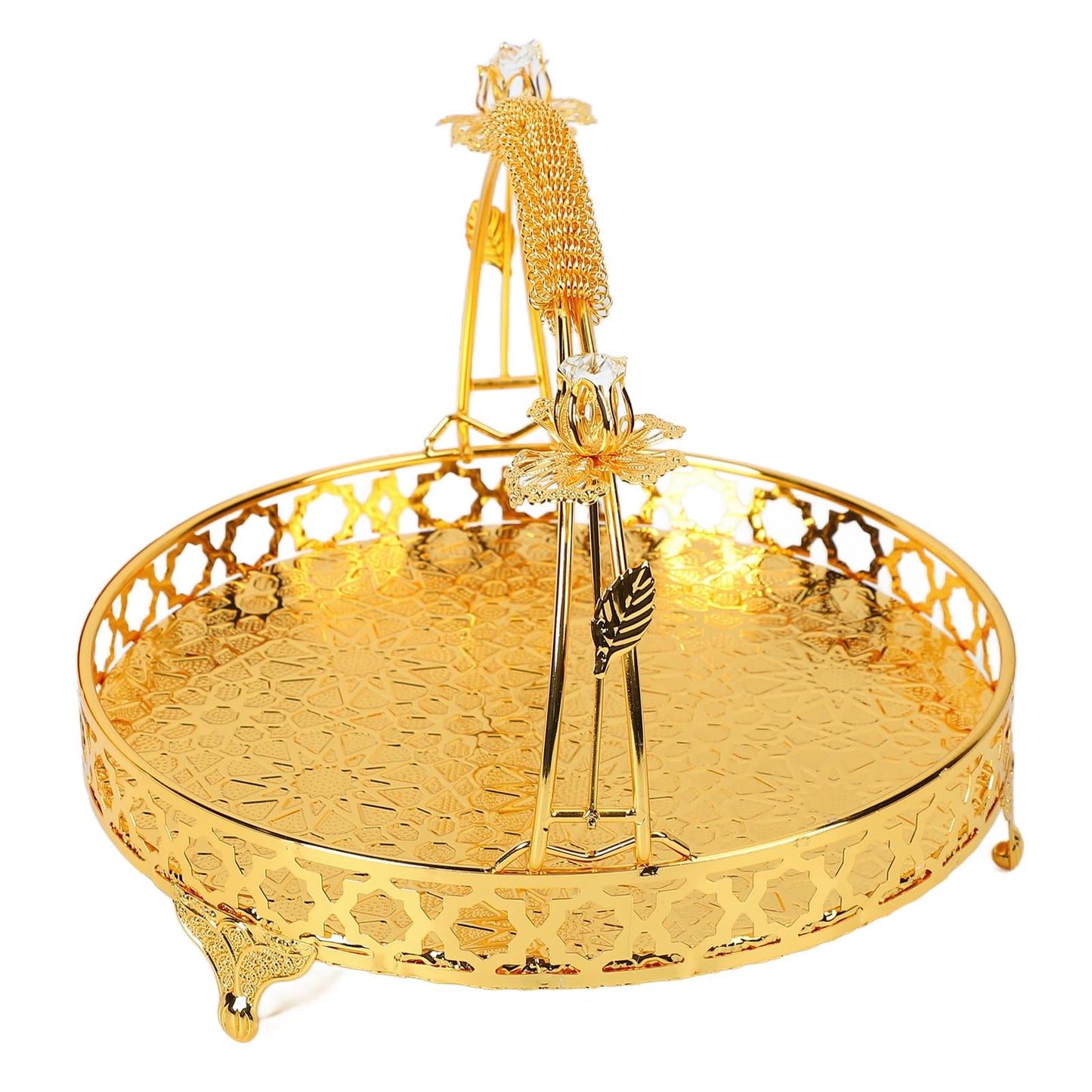 GLOGLOW Vintage Round Fruit Tray with Handle, 10.2 Inch Metal Dessert Platter Gold Cupcake Stand for Wedding Birthday Party Afternoon Tea Candy Cookies