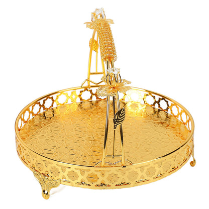 GLOGLOW Vintage Round Fruit Tray with Handle, 10.2 Inch Metal Dessert Platter Gold Cupcake Stand for Wedding Birthday Party Afternoon Tea Candy Cookies