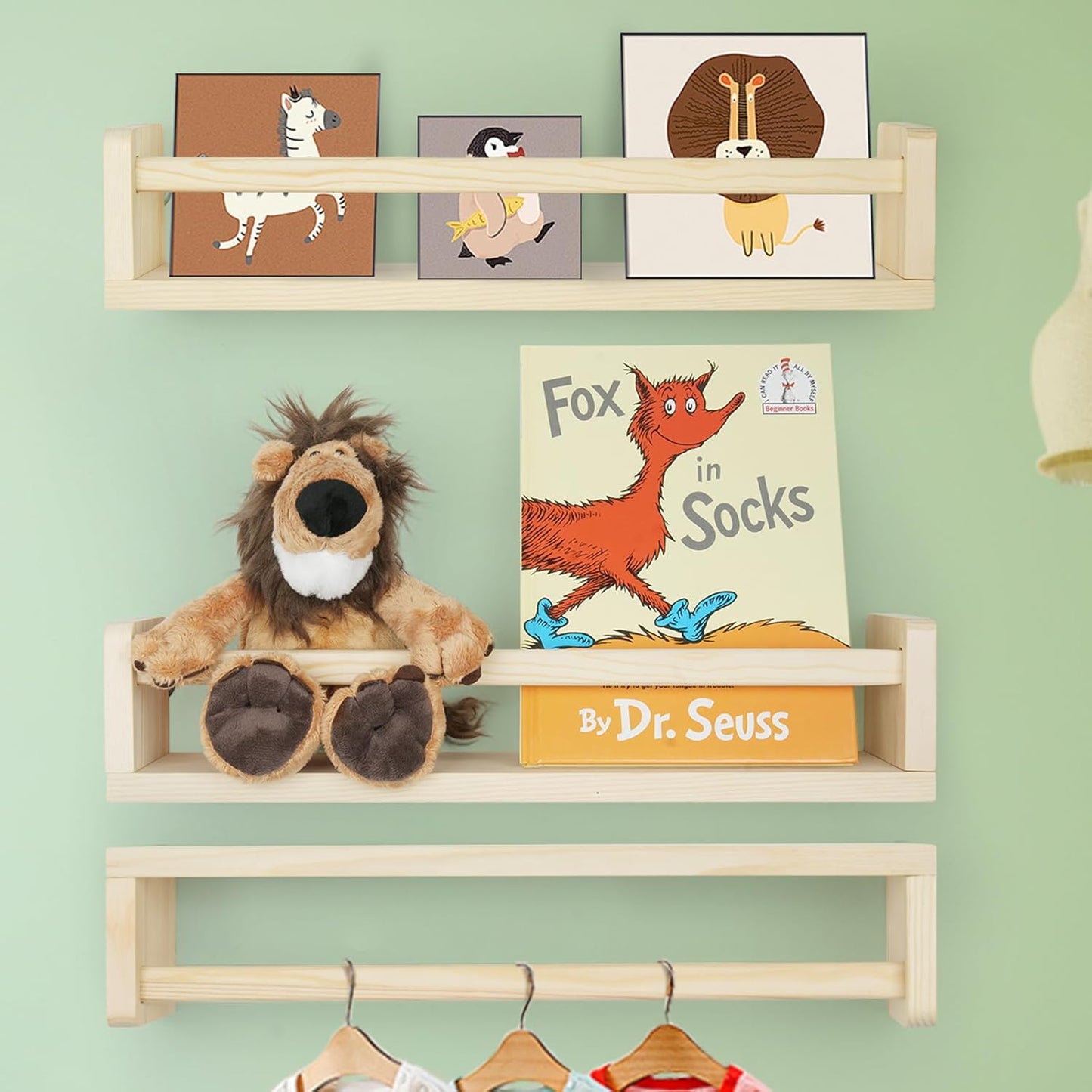16.5 inch Set 3, Floating Book Shelves for Wall, Natural Wood Nursery Shelves for Book Storage, Solid Pine Wooden