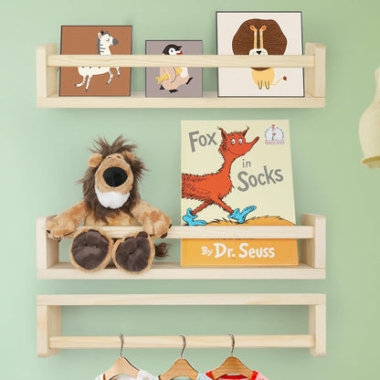 16.5 inch Set 3, Floating Book Shelves for Wall, Natural Wood Nursery Shelves for Book Storage, Solid Pine Wooden