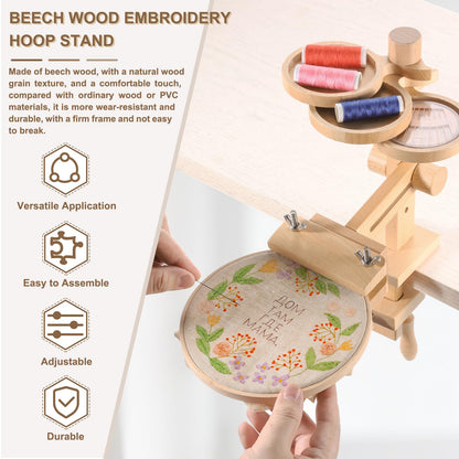 PATIKIL Embroidery Hoop Stand, Adjustable Beech Wood Cross Stitch Stand Holder with Built-in Storage Tray for DIY Art Craft, Sewing, Needlework Projects, with 8" Embroidery Hoop