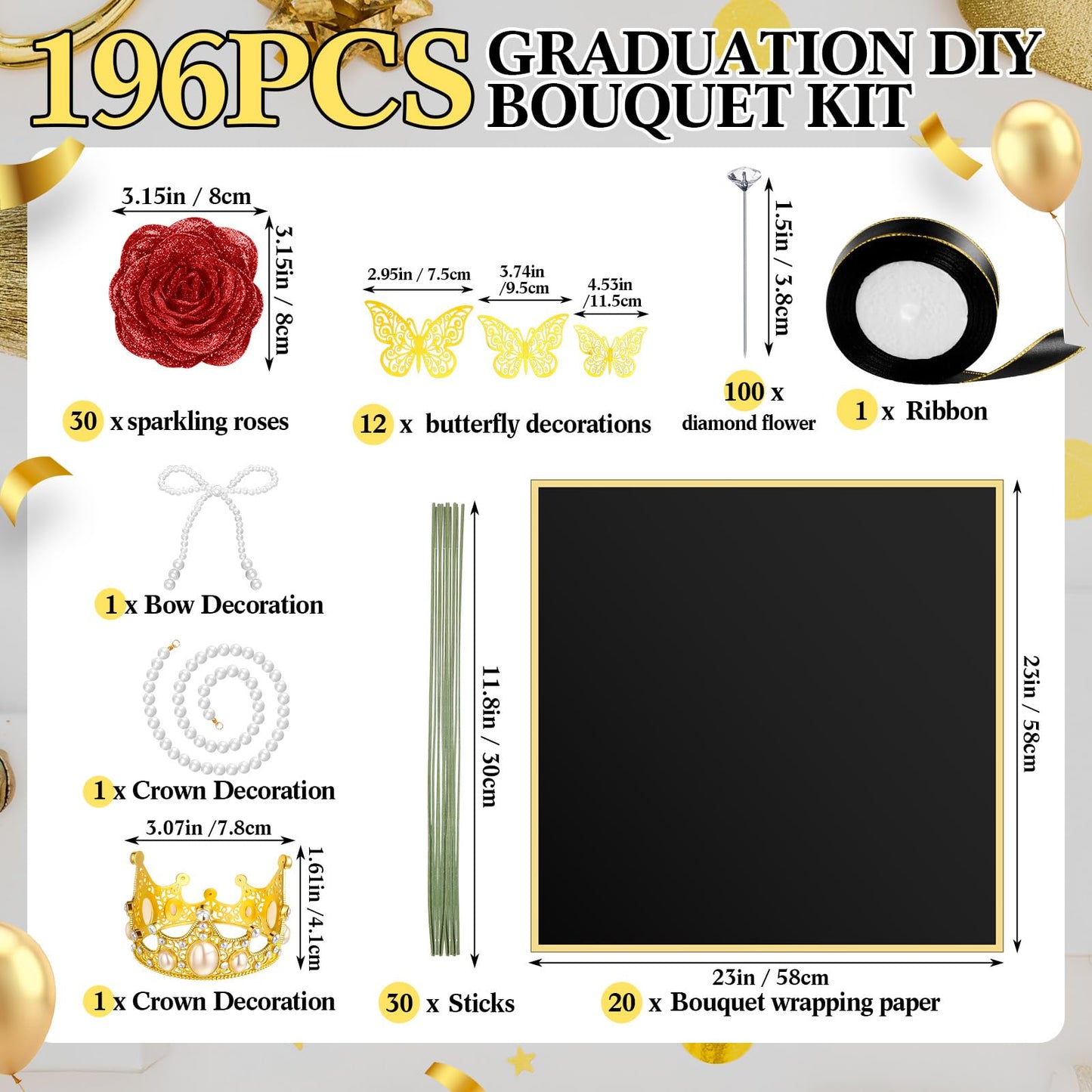 Daifunli 196 Pcs Graduation Gifts DIY Glitter Roses Bouquet Kit Artificial Flower Bouquet Kit Grad Birthday Gifts Flower Wrapping Paper 3D Butterflies Crowns for Grad Wedding Anniversary(Red)