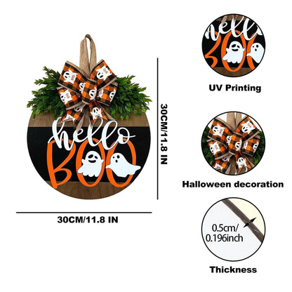 Cute Halloween Ghost Door Hanger Sign, Wooden Welcome Wreath for Front Door Farmhouse Porch Outdoor Wall Decor