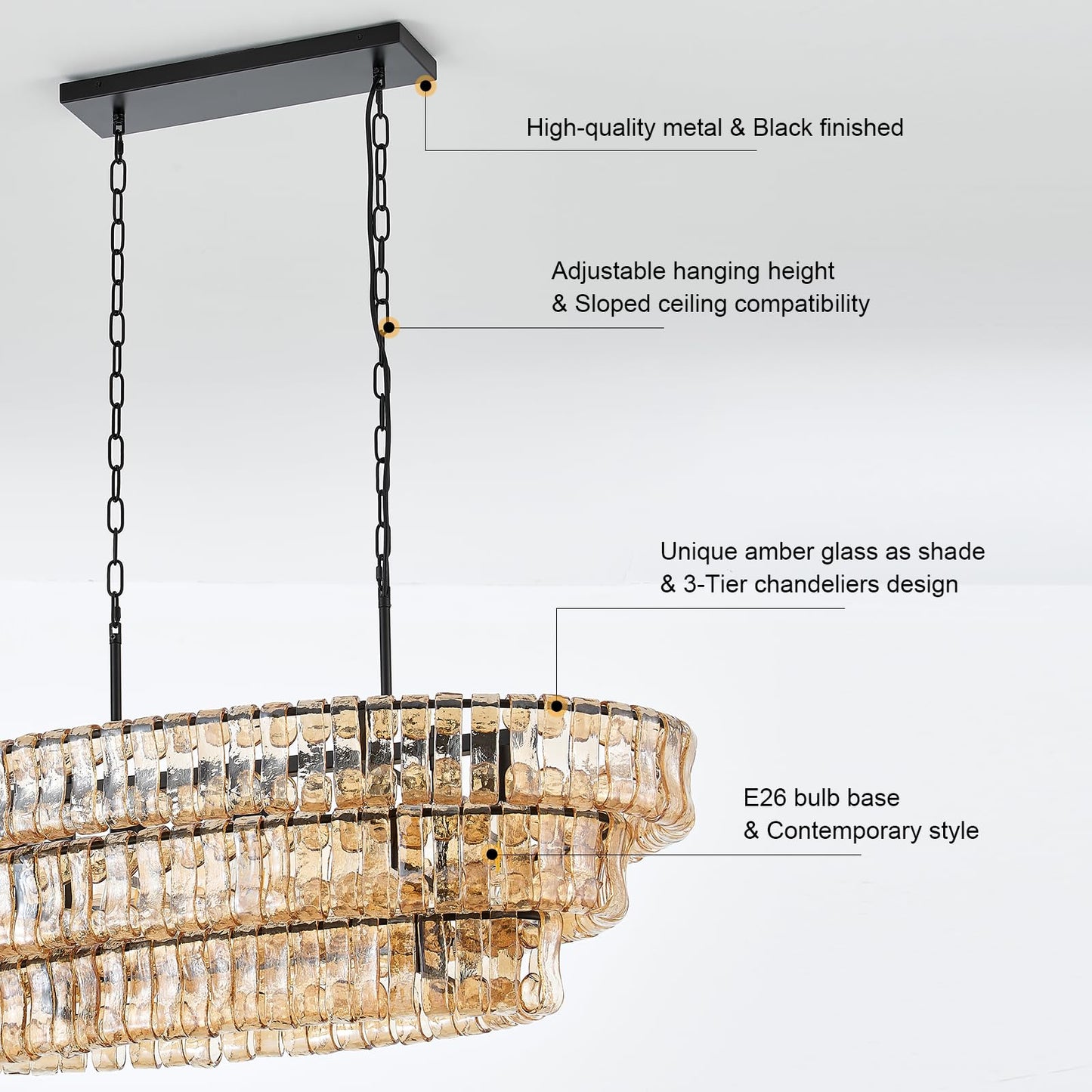 VANZARLA Large Modern Chandelier with Unique Amber Glass Shade, 3-Tier Dining Room Light Fixture, Farmhouse Chandelier for Kitchen Island Living Room Foyer