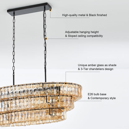 VANZARLA Large Modern Chandelier with Unique Amber Glass Shade, 3-Tier Dining Room Light Fixture, Farmhouse Chandelier for Kitchen Island Living Room Foyer