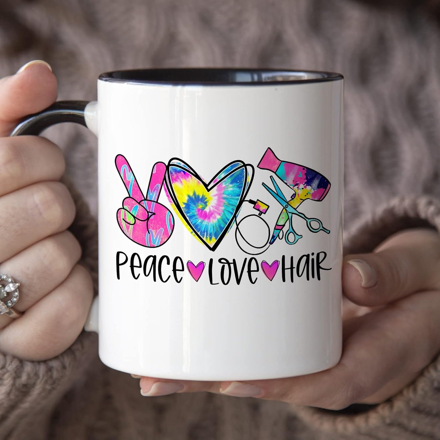 YouNique Designs Peace Love Hair Stylist Coffee Mug, 11 Ounces, Black Handle Mug for Hairdressers