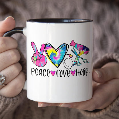 YouNique Designs Peace Love Hair Stylist Coffee Mug, 11 Ounces, Black Handle Mug for Hairdressers