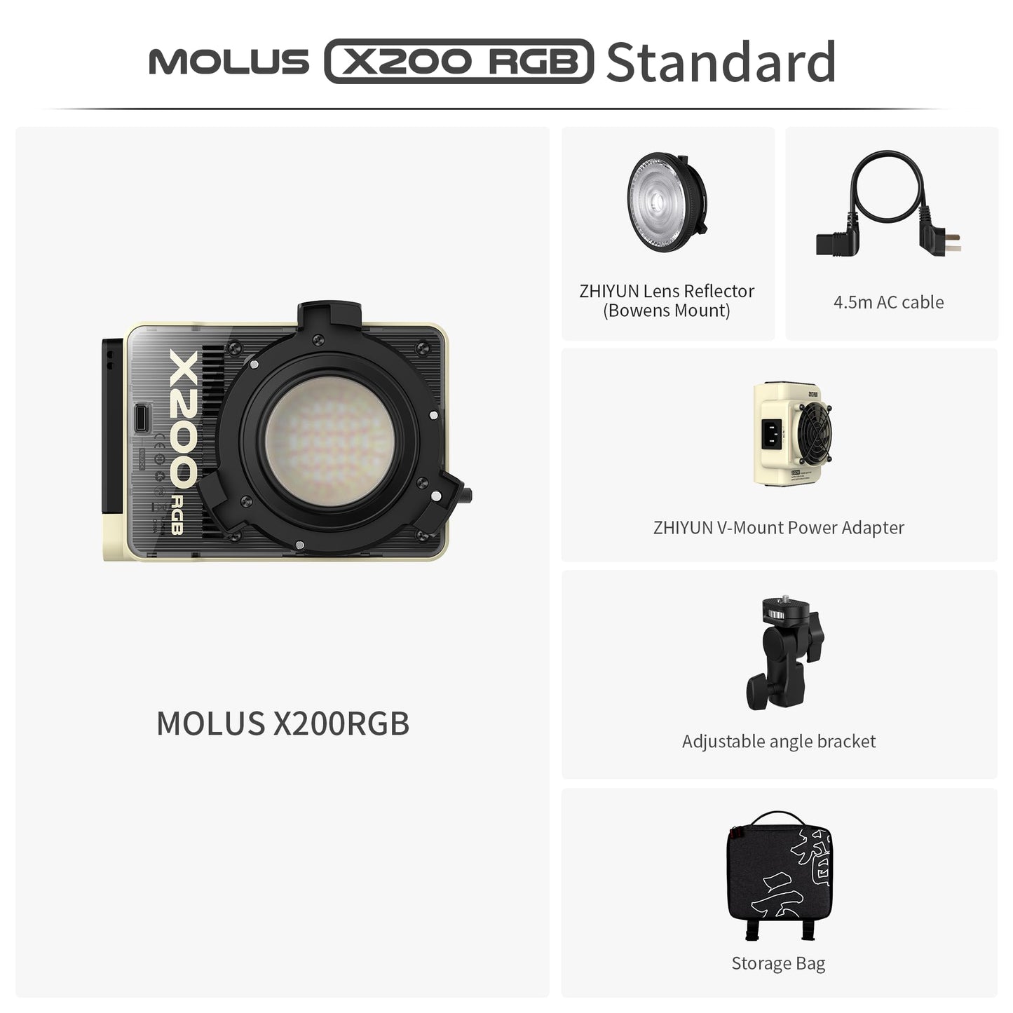 ZHIYUN MOLUS X200 RGB Standard 200W Video Light [Official] Handheld Continuou Output Light Portable Professional Photography Lighting Bowens Mount 2500K~10000K CRI≥95 TLCI≥97 Only 830g (No Battery
