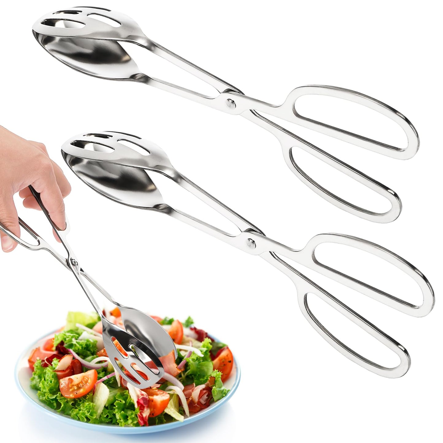 Jucoan 2 Pack Buffet Tongs Salad Tong, 10 Inch Stainless Steel Food Serving Bread Tongs with Scissor Handles for Kitchen, Party