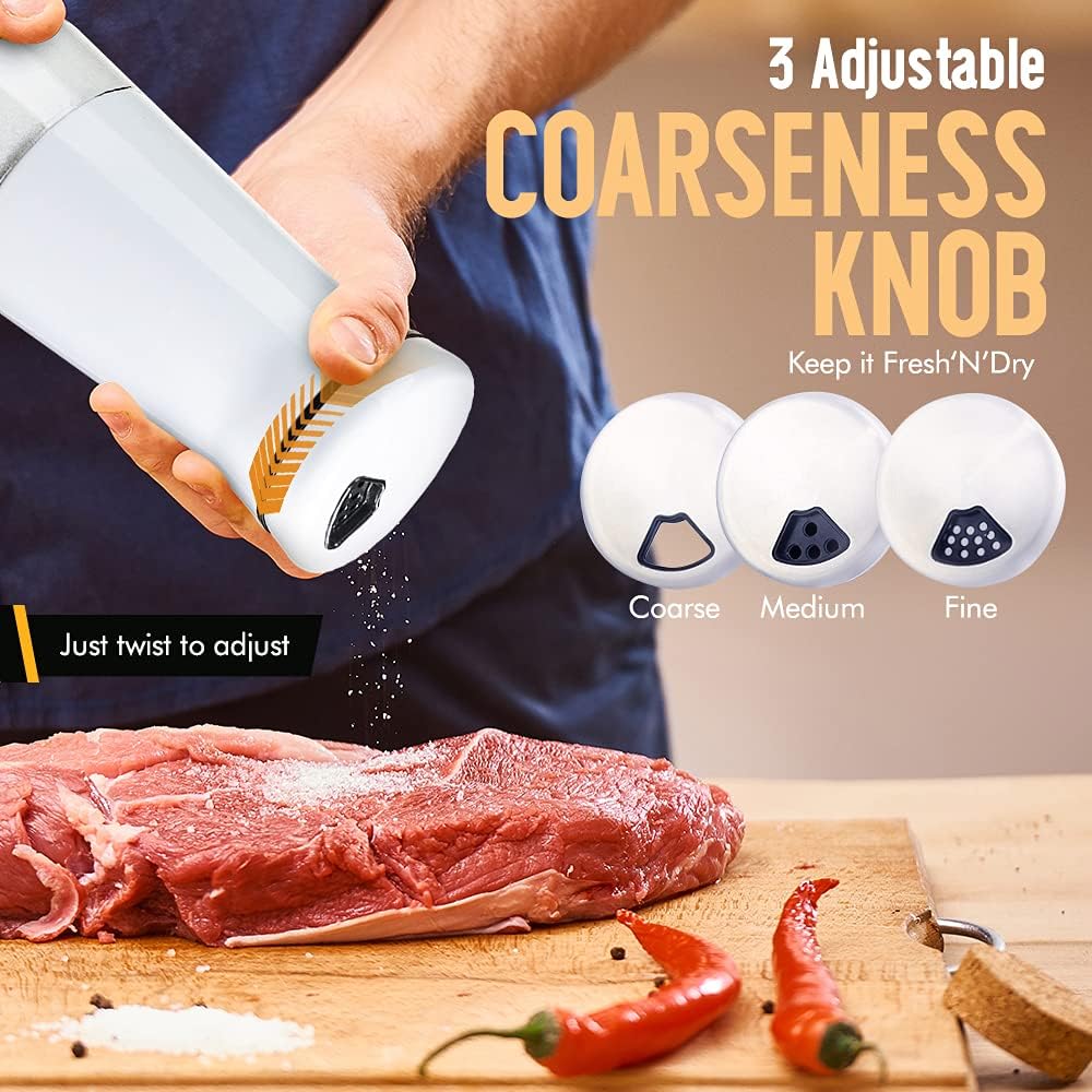 The Original Salt and Pepper Shakers Set - White Spice Dispenser with Adjustable Pour Holes, Stainless Steel & Glass,