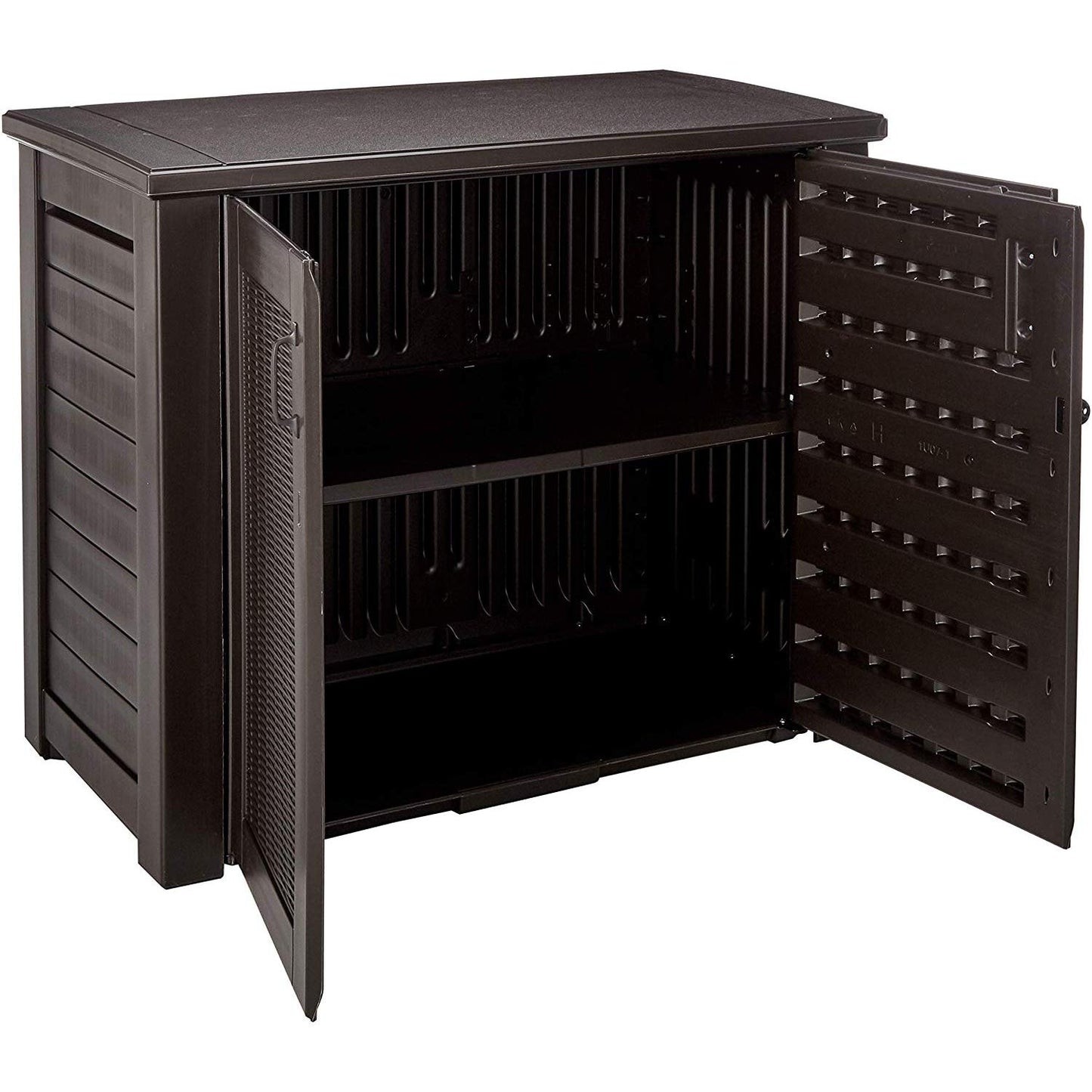 Rubbermaid Decorative Outdoor Storage Cabinet (123 Gal) Weather Resistant Dark Brown Organization for Home/Backyard/Pool Chemicals/Toys/Garden Tools/Porch/Patio Cushions